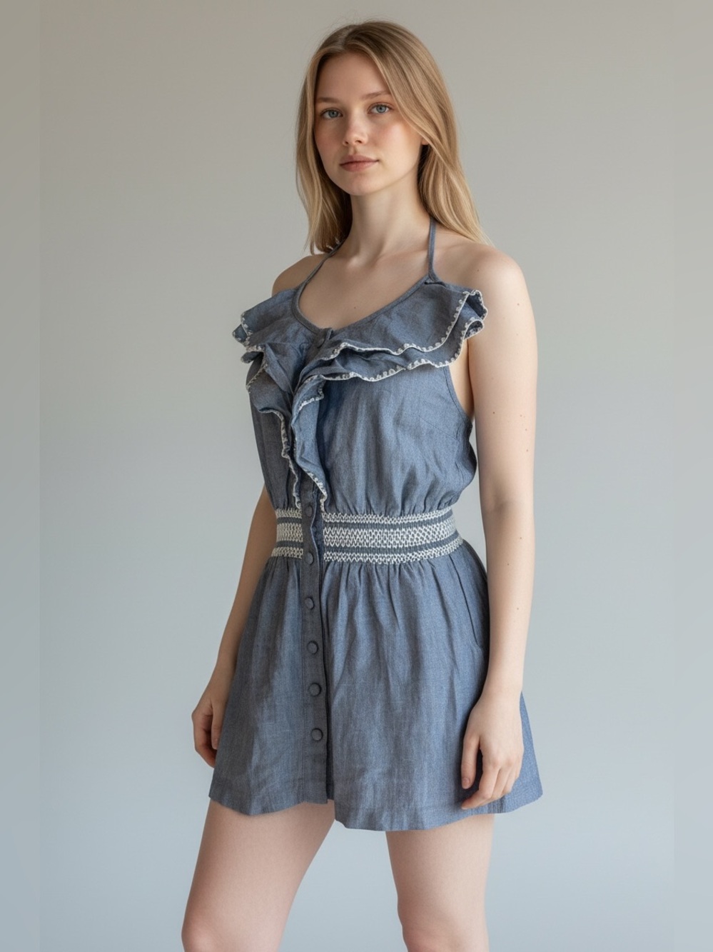 Mustard Seed Light Blue Ruffle Halter Mini Dress